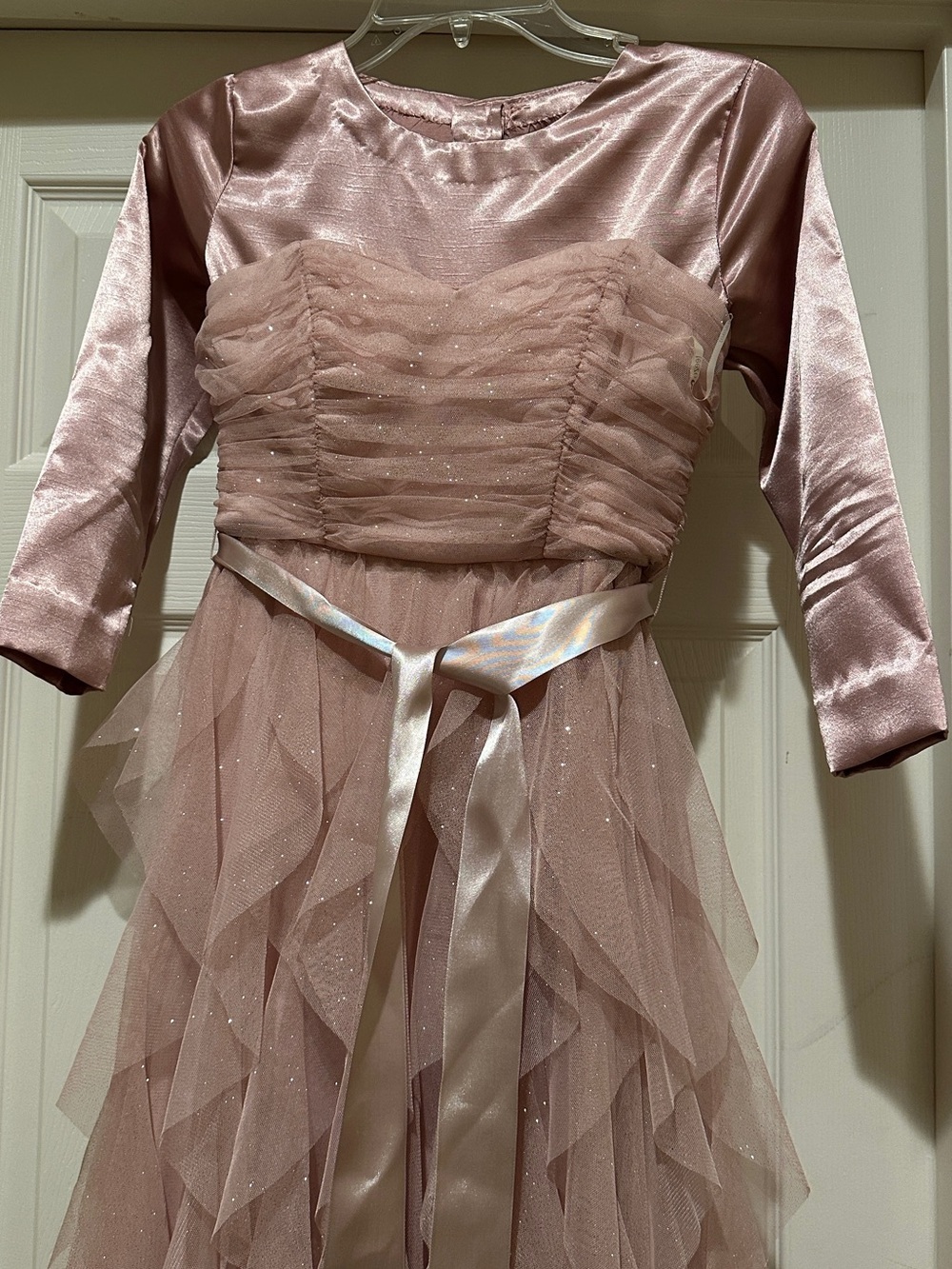 Modest Sparkle Dusty Rose Satin & Tulle Gown